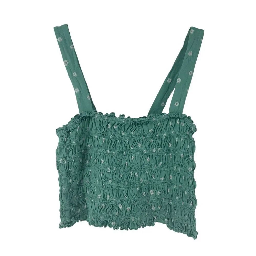 American Eagle Crop Top Green Smocked Tank Size M Ditsy Floral Boho Preppy Flirt